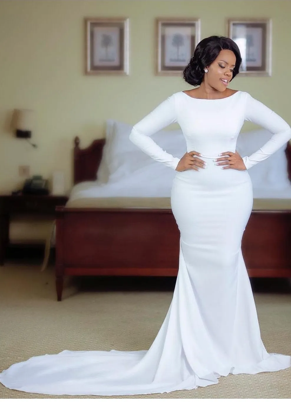 2020 Simple White Mermaid Bridal Gown with Long Sleeves