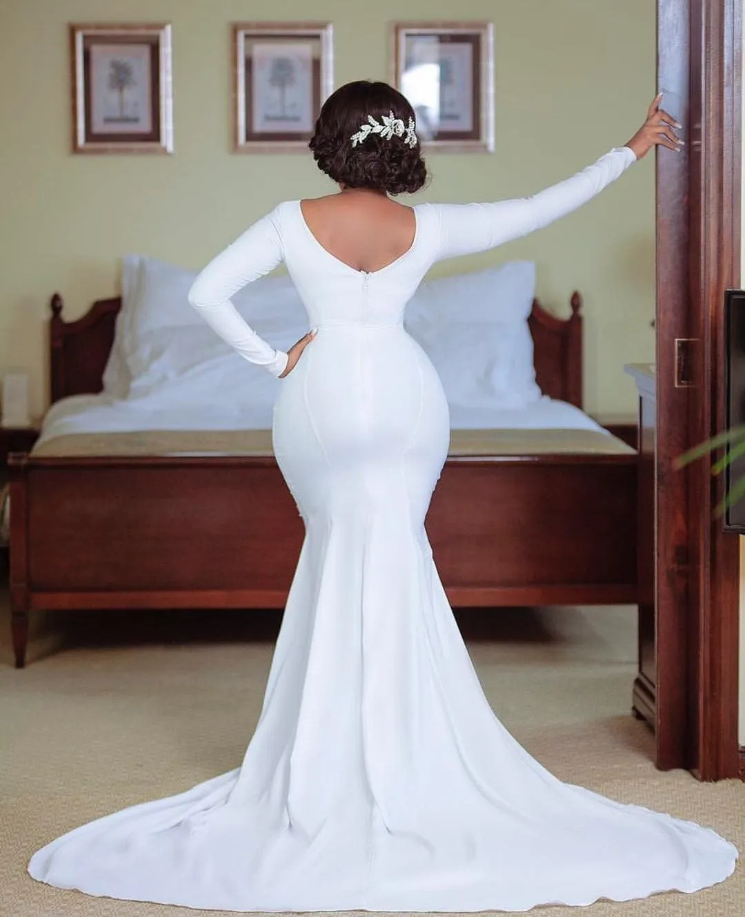 2020 Simple White Mermaid Bridal Gown with Long Sleeves