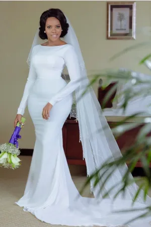 2020 Simple White Mermaid Bridal Gown with Long Sleeves
