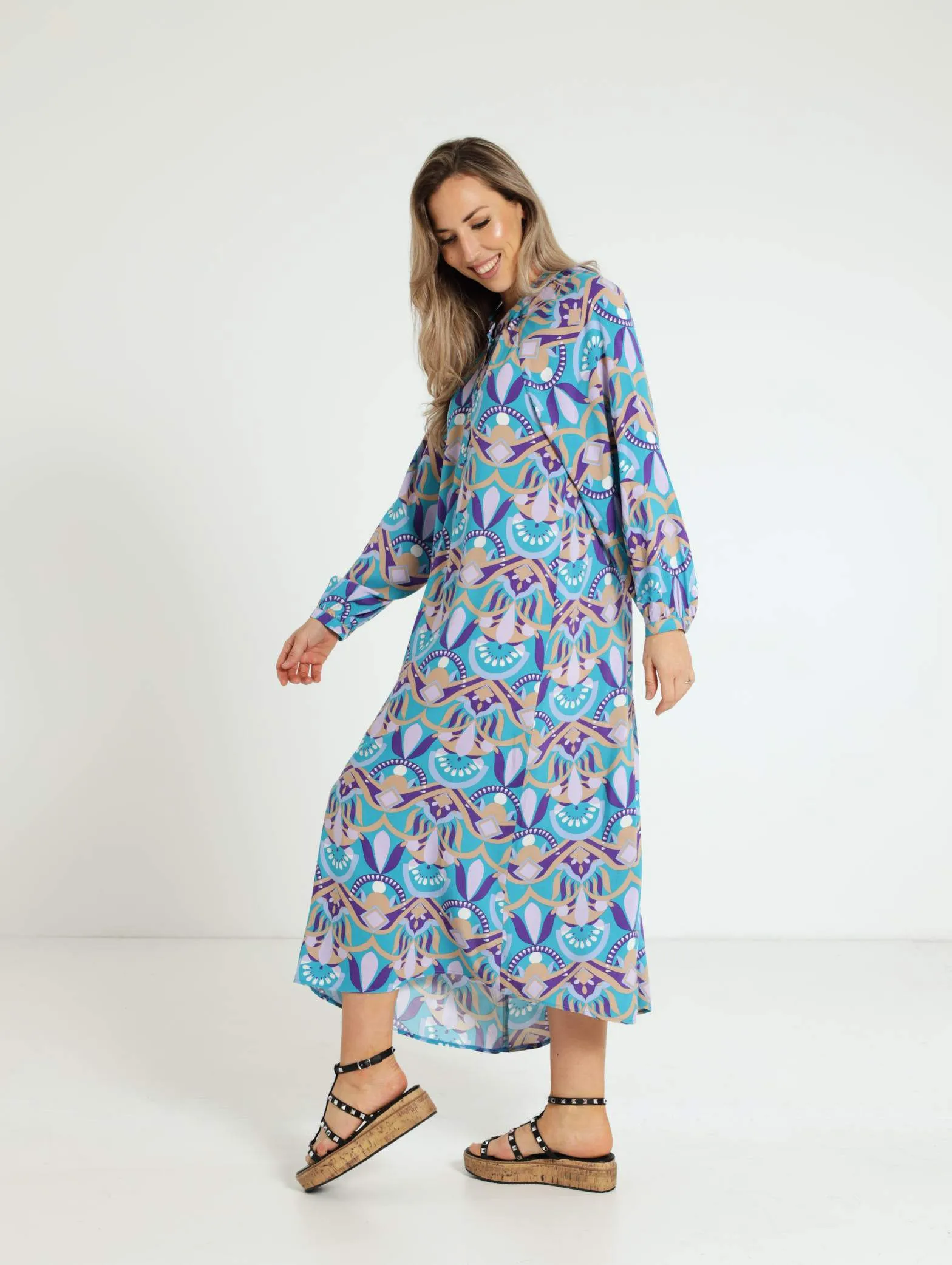 3/4 Sleeve Mandarin Collar Midi Shift Dress