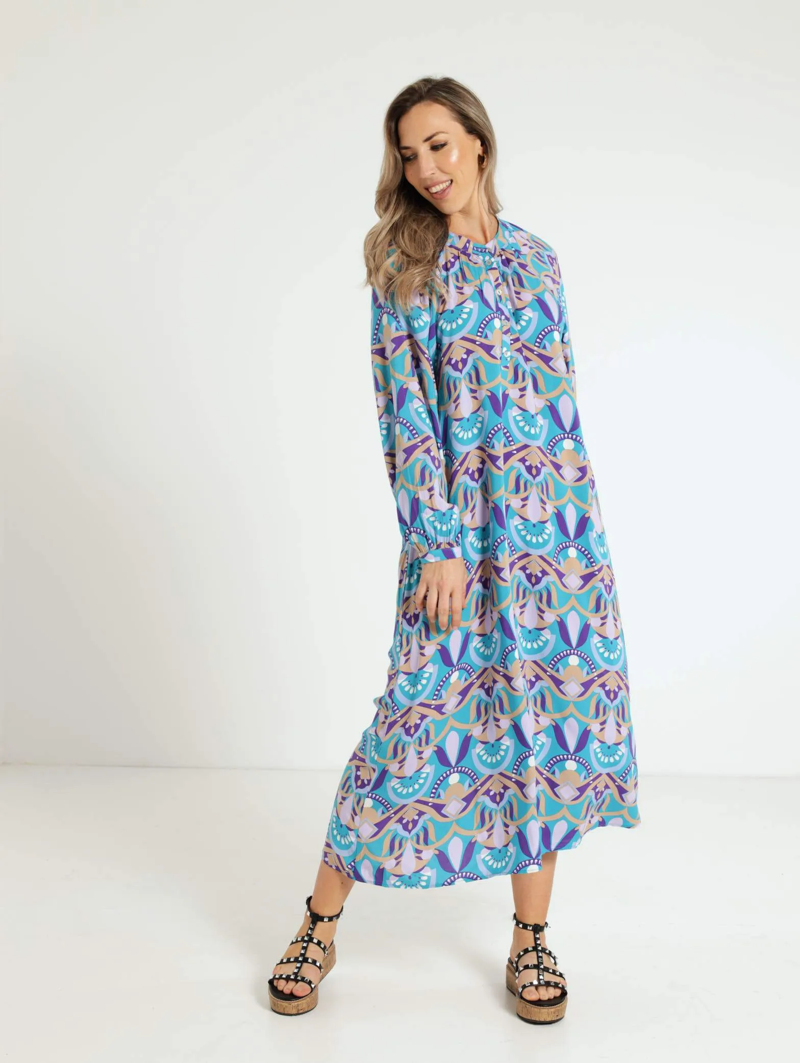 3/4 Sleeve Mandarin Collar Midi Shift Dress
