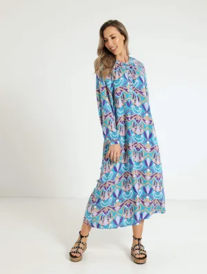 3/4 Sleeve Mandarin Collar Midi Shift Dress