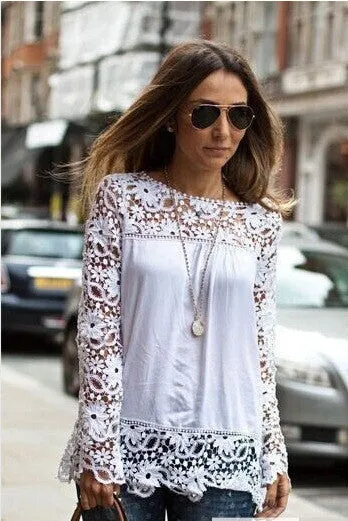 5XL large size Fashion Women Lace long Sleeve Chiffon Blouses Shirt Crochet