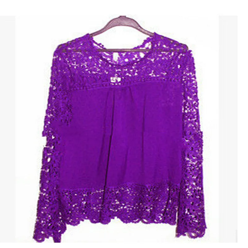 5XL large size Fashion Women Lace long Sleeve Chiffon Blouses Shirt Crochet