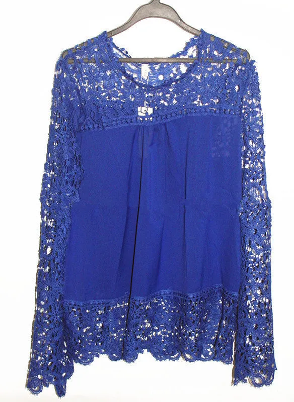 5XL large size Fashion Women Lace long Sleeve Chiffon Blouses Shirt Crochet