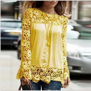 5XL large size Fashion Women Lace long Sleeve Chiffon Blouses Shirt Crochet