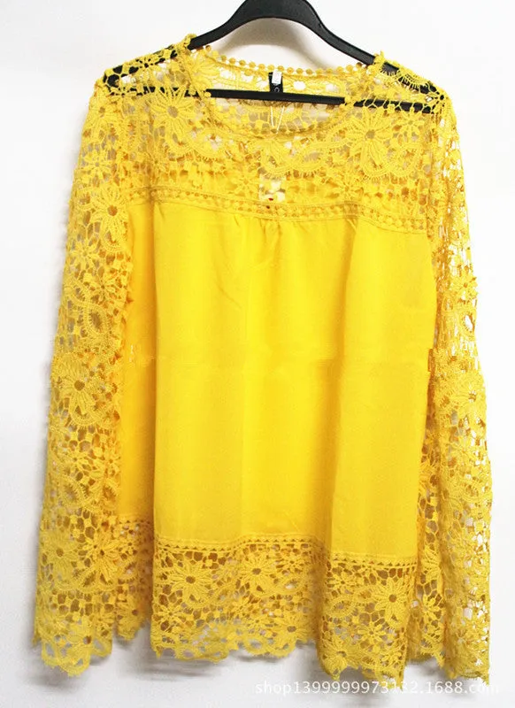5XL large size Fashion Women Lace long Sleeve Chiffon Blouses Shirt Crochet