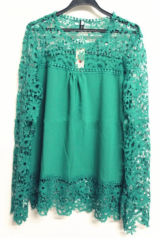 5XL large size Fashion Women Lace long Sleeve Chiffon Blouses Shirt Crochet