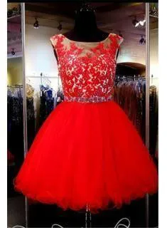A-Line Red Appliques Tulle Short Sleeveless Mini Homecoming Dress TR0030