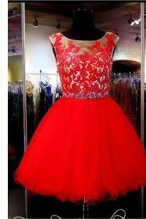 A-Line Red Appliques Tulle Short Sleeveless Mini Homecoming Dress TR0030
