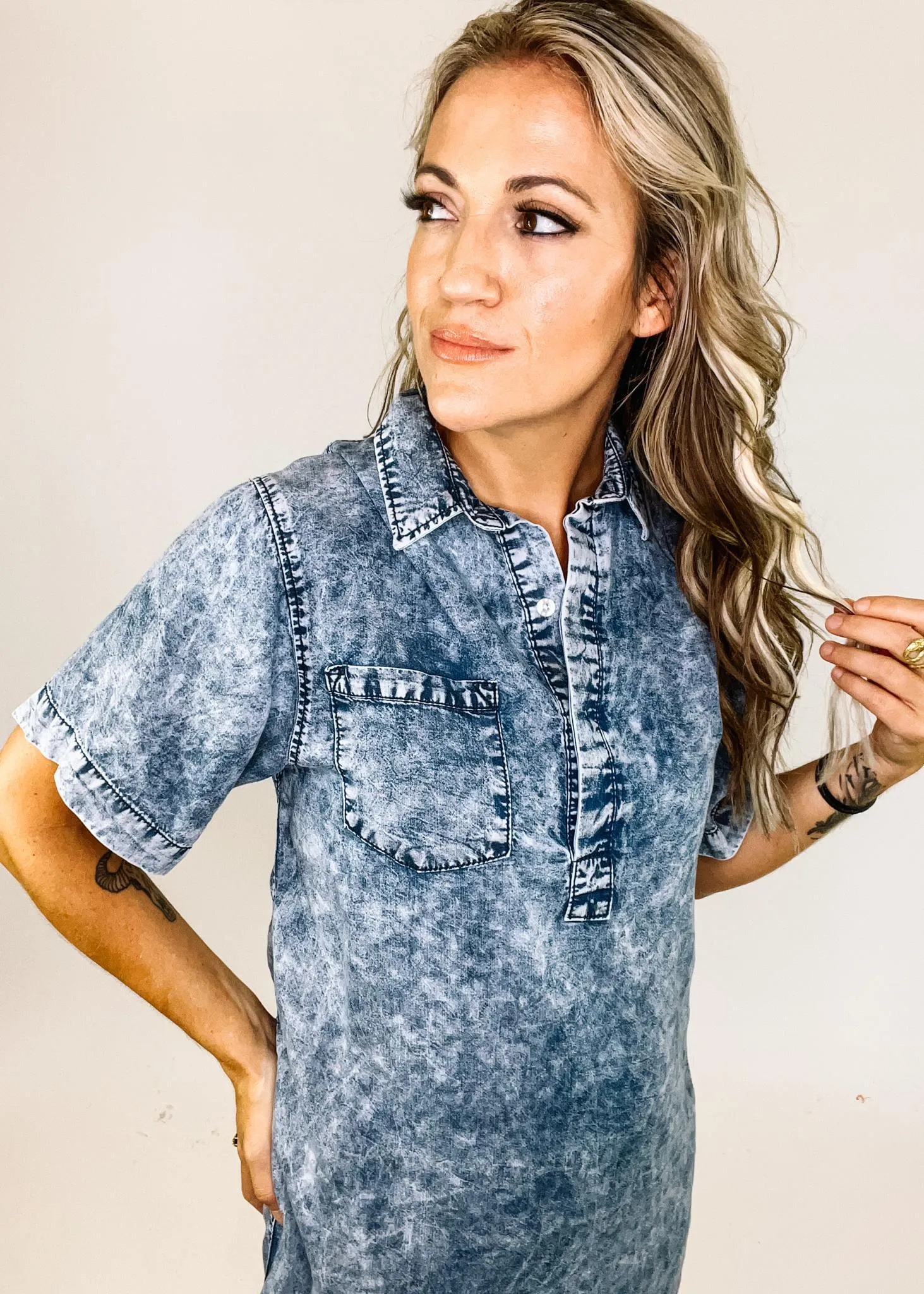 Acid Wash Denim Shirt Dress