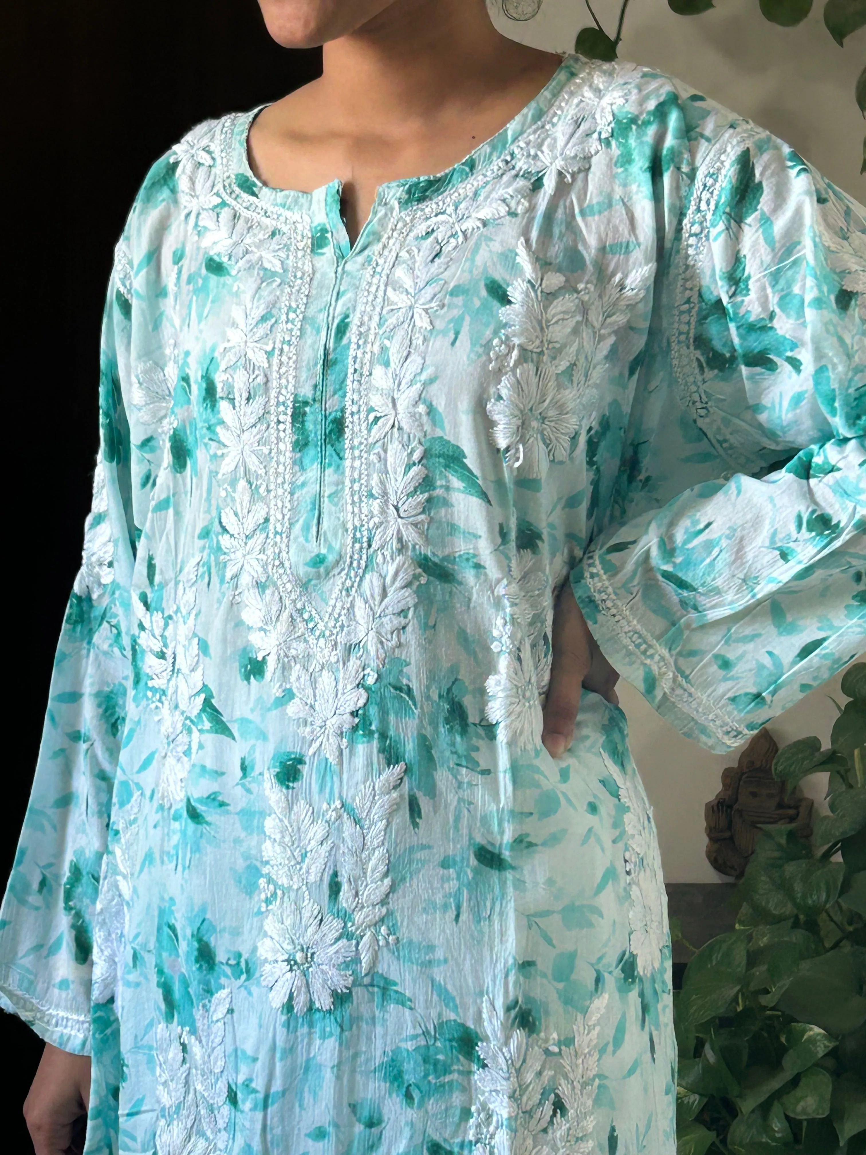 Aqua Blue Mul mul cotton chikankari kurti