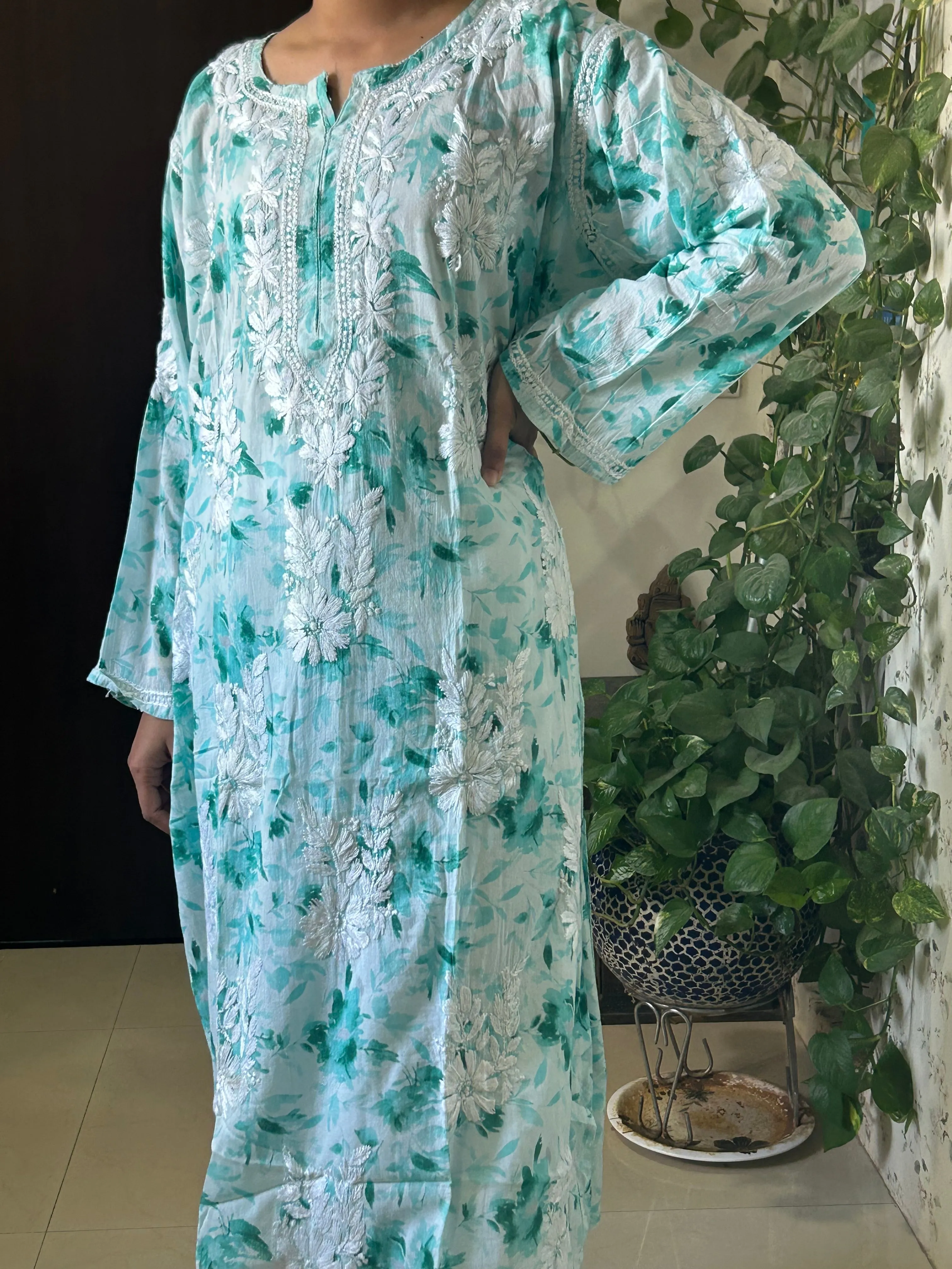 Aqua Blue Mul mul cotton chikankari kurti