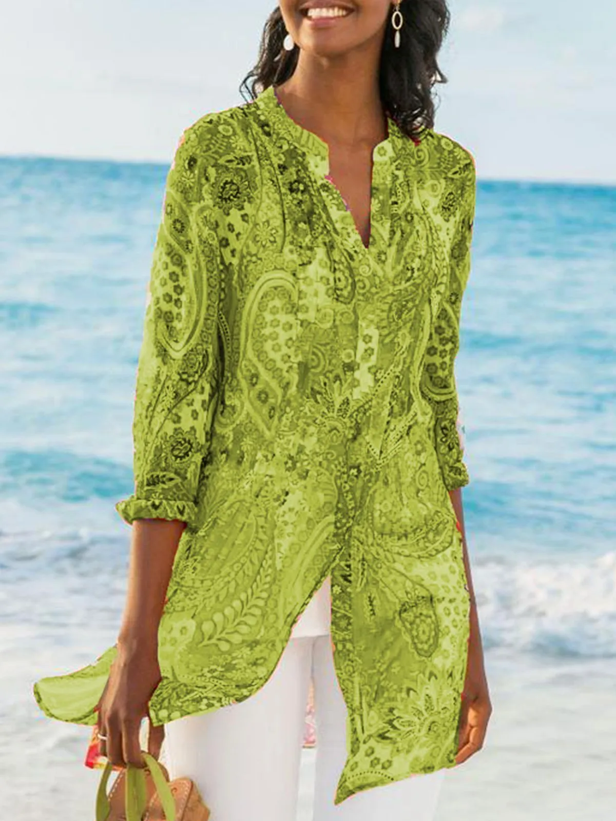 BerryBetty - Women's Printed Casual Loose Plus Size Chiffon Shirts