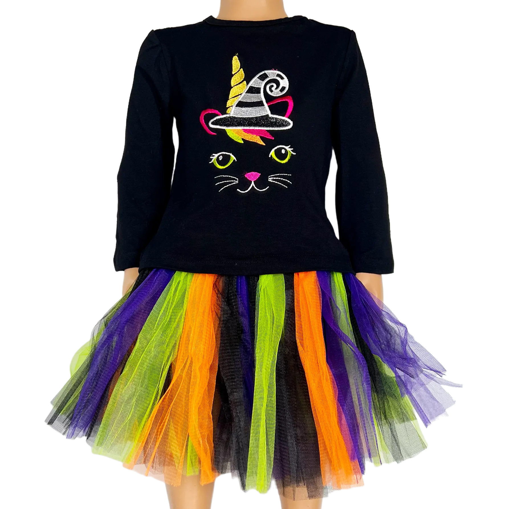 Big Girls Halloween Black Cat Shirt and Tulle Skirt