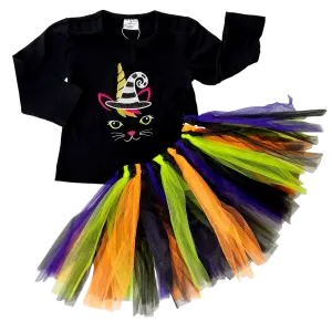 Big Girls Halloween Black Cat Shirt and Tulle Skirt