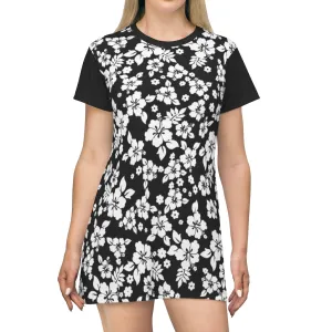 Black and White Hibiscus Flower Hawaiian Print T-Shirt Dress