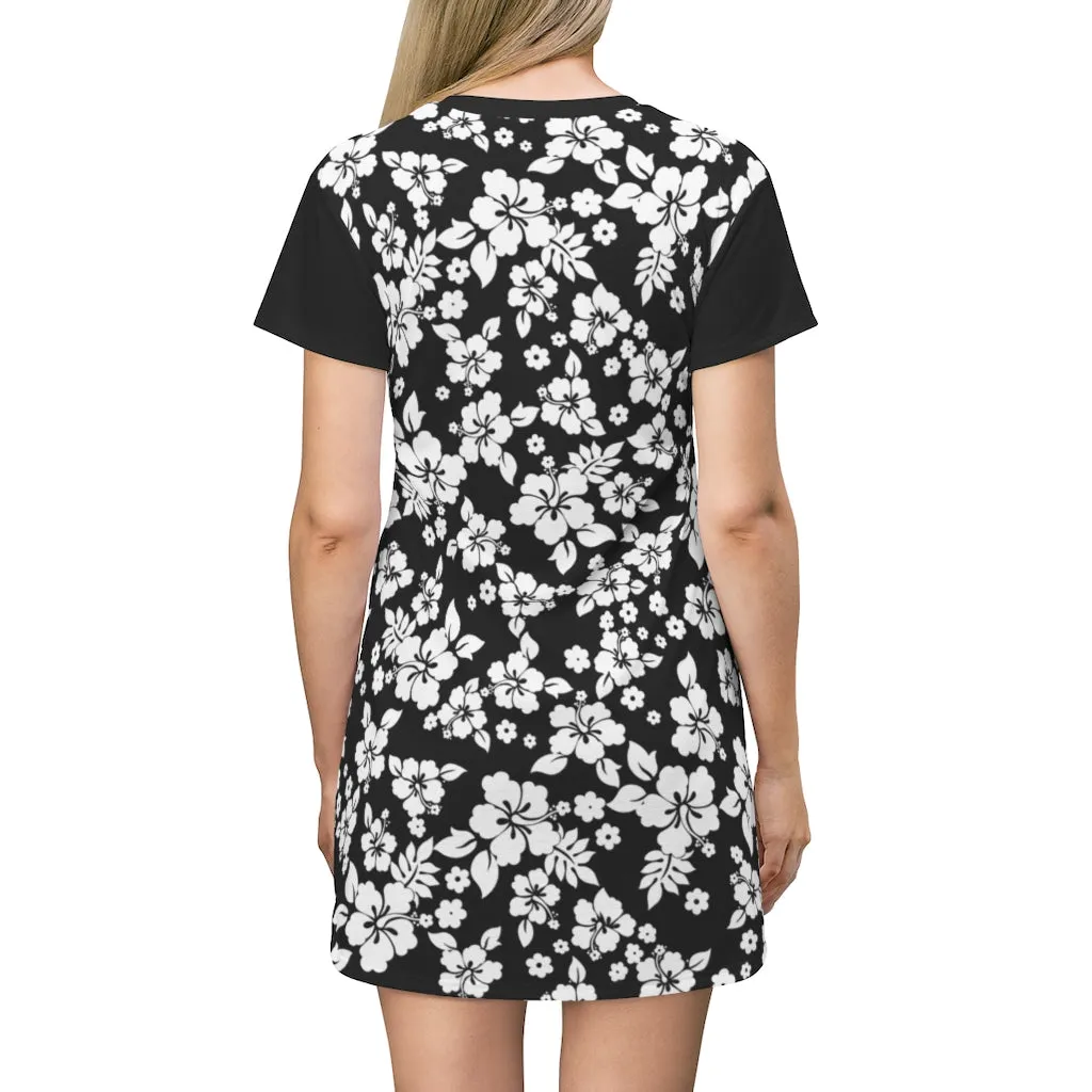 Black and White Hibiscus Flower Hawaiian Print T-Shirt Dress