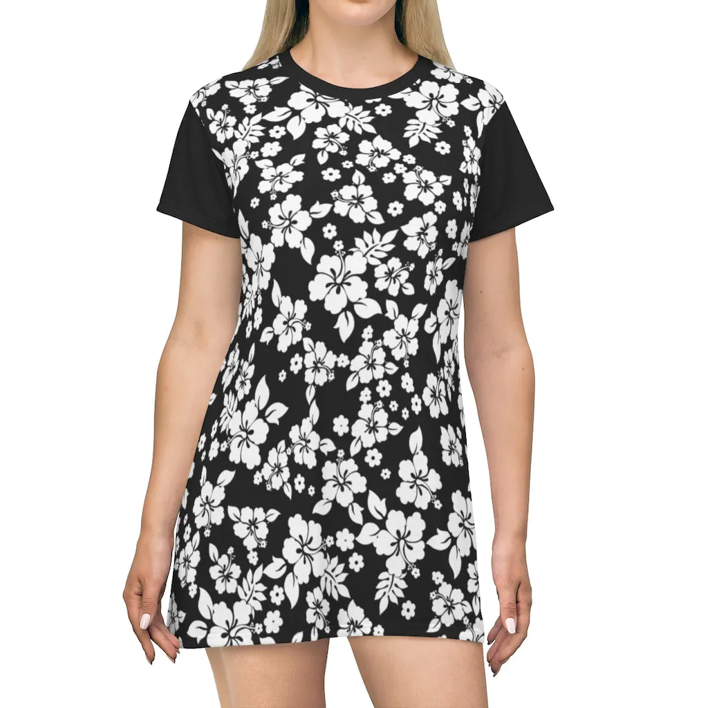 Black and White Hibiscus Flower Hawaiian Print T-Shirt Dress