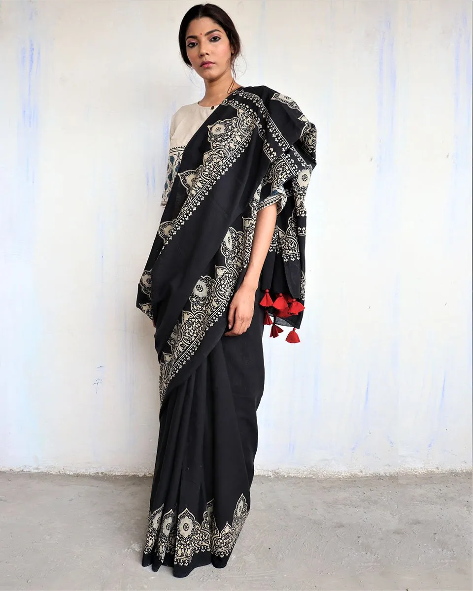 Black Block Printed Cotton Mul Saree -God