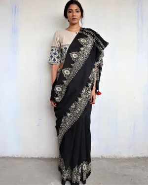Black Block Printed Cotton Mul Saree -God