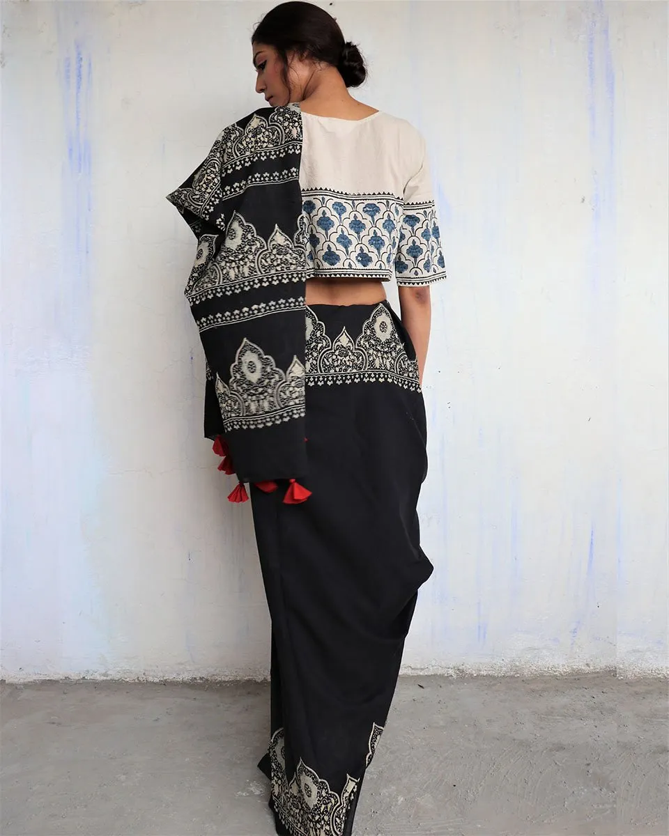 Black Block Printed Cotton Mul Saree -God
