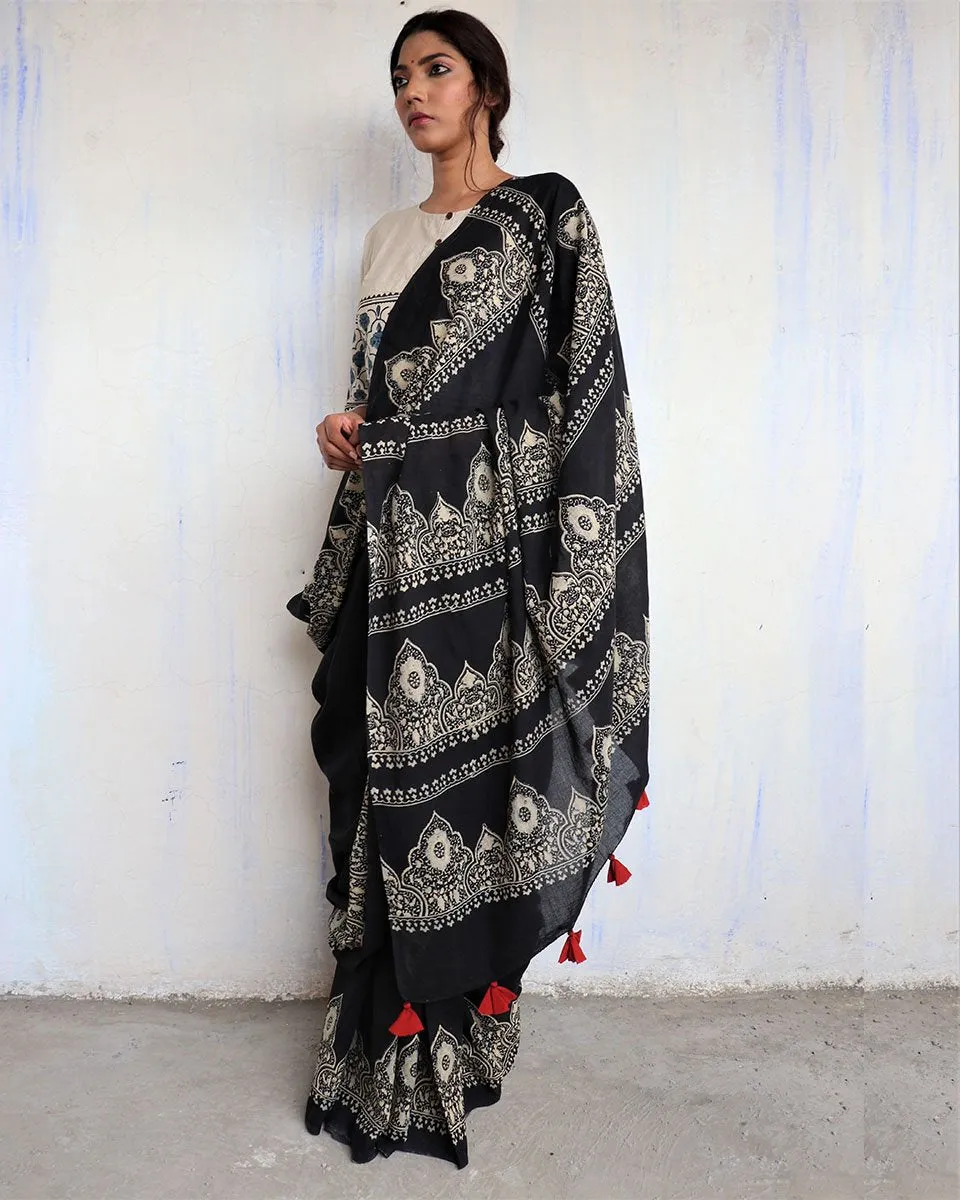 Black Block Printed Cotton Mul Saree -God