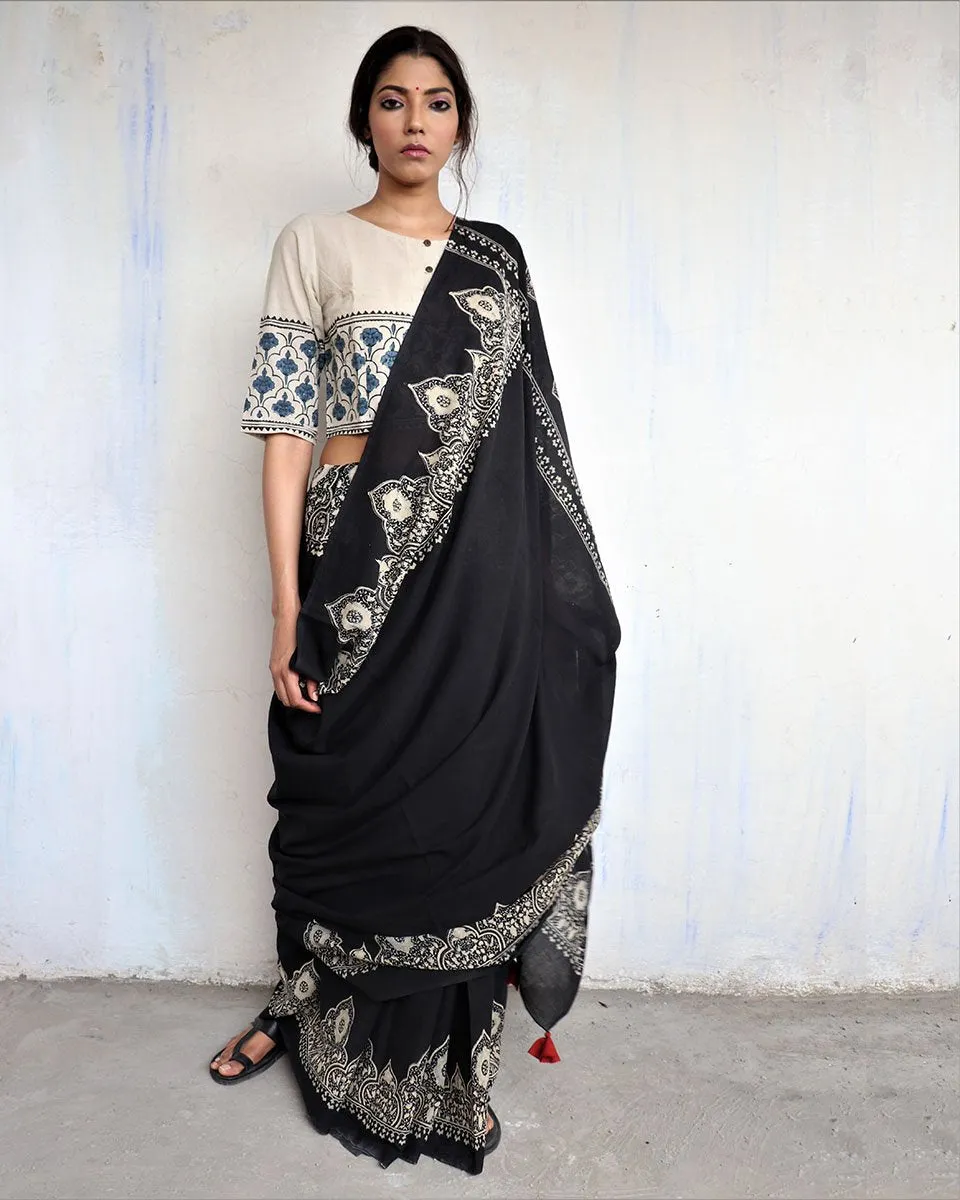 Black Block Printed Cotton Mul Saree -God