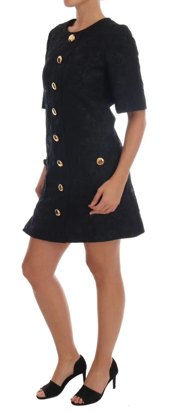Black Floral Brocade Gold Buttons Dress