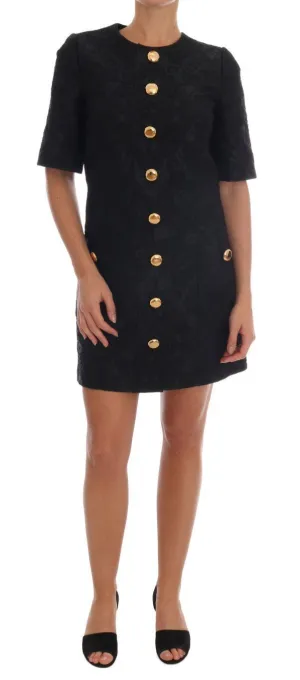 Black Floral Brocade Gold Buttons Dress