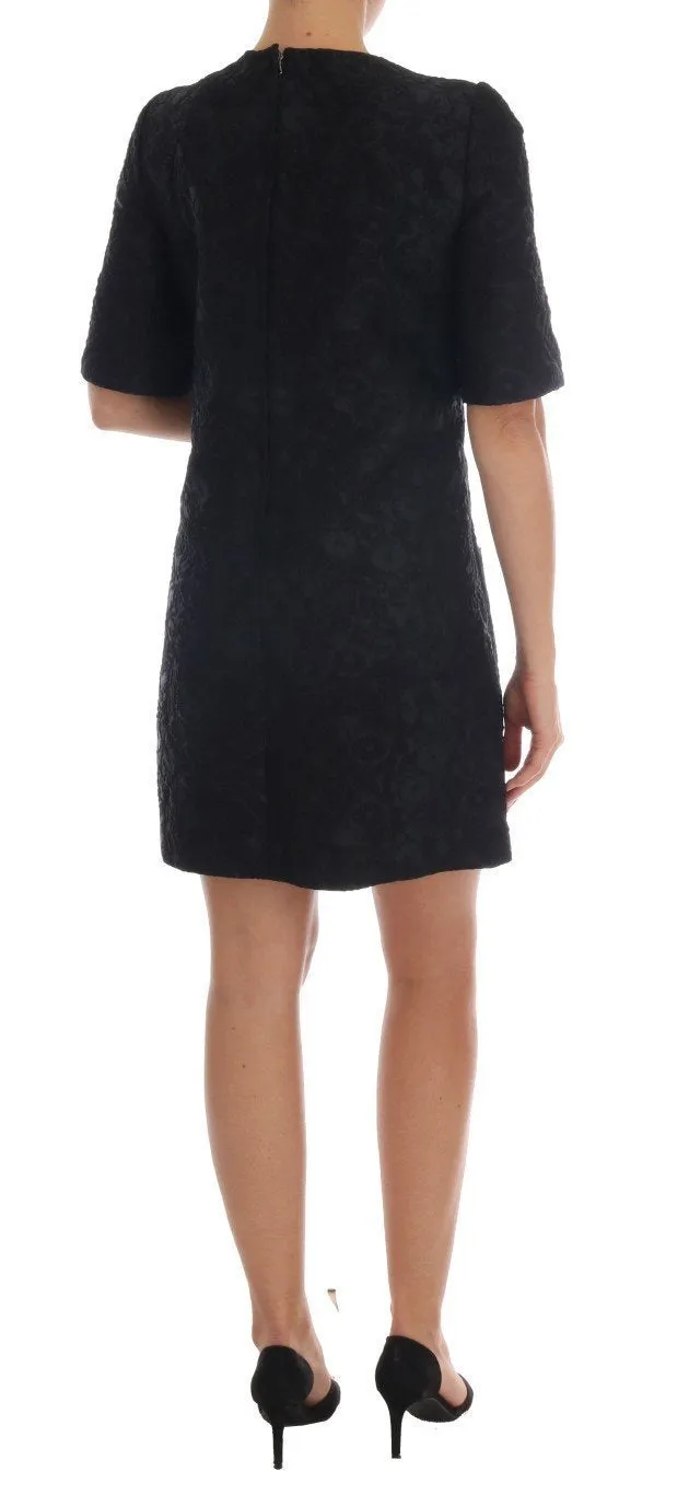Black Floral Brocade Gold Buttons Dress