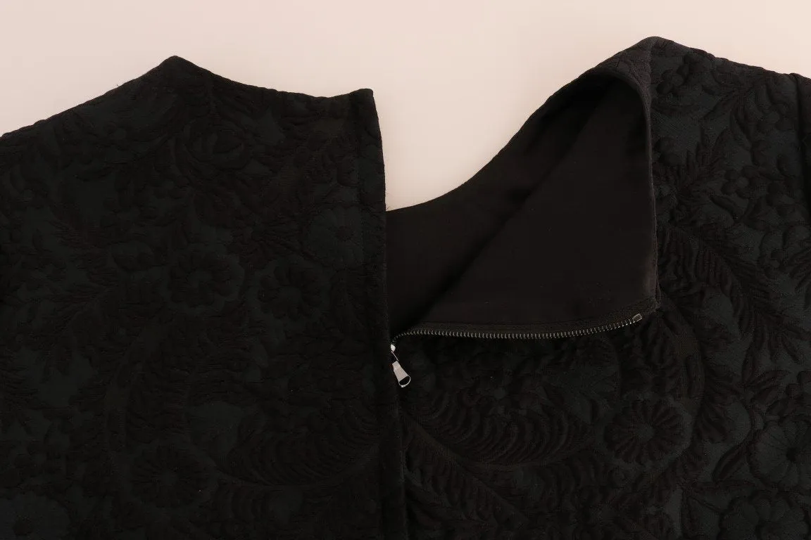 Black Floral Brocade Gold Buttons Dress