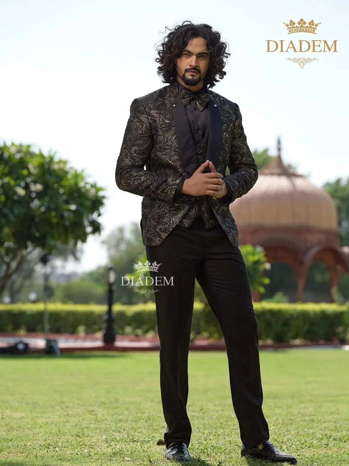 Black Jacquard 3-Piece Suit with Matching Blazer Coat