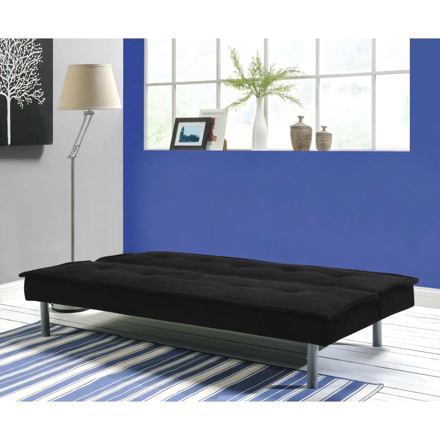 Black Microfiber Upholstered Futon Sofa Bed with Metal Legs