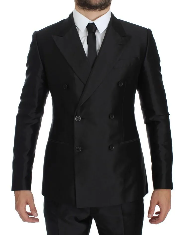 Black Silk Double Breast Slim 4 Piece Suit