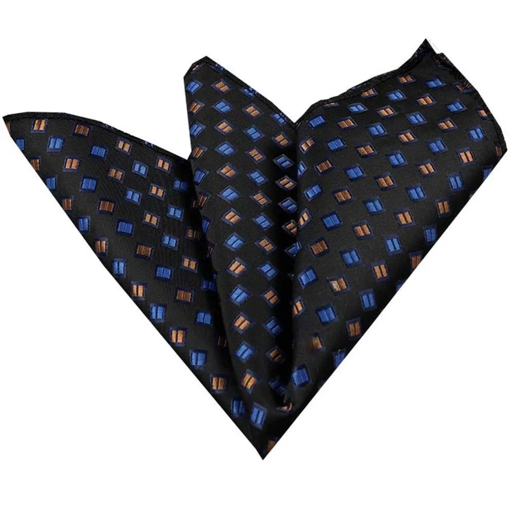 Black with Metallic Blue & Gold Mens Pocket Square - Premium Silk Handkerchiefs for Suits