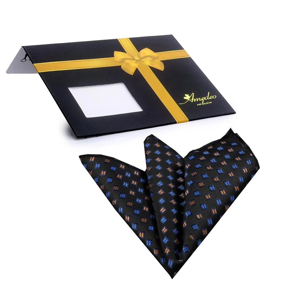 Black with Metallic Blue & Gold Mens Pocket Square - Premium Silk Handkerchiefs for Suits