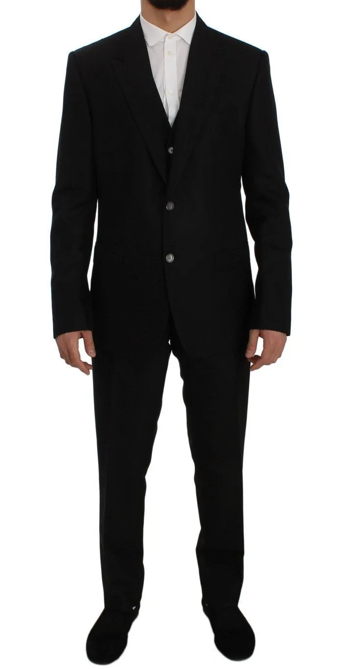 Black Wool Silk Slim Fit 3 Piece Suit