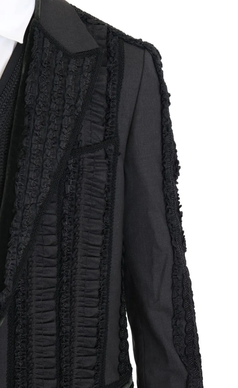 Black Wool Silk Torero Long 3 Piece Suit