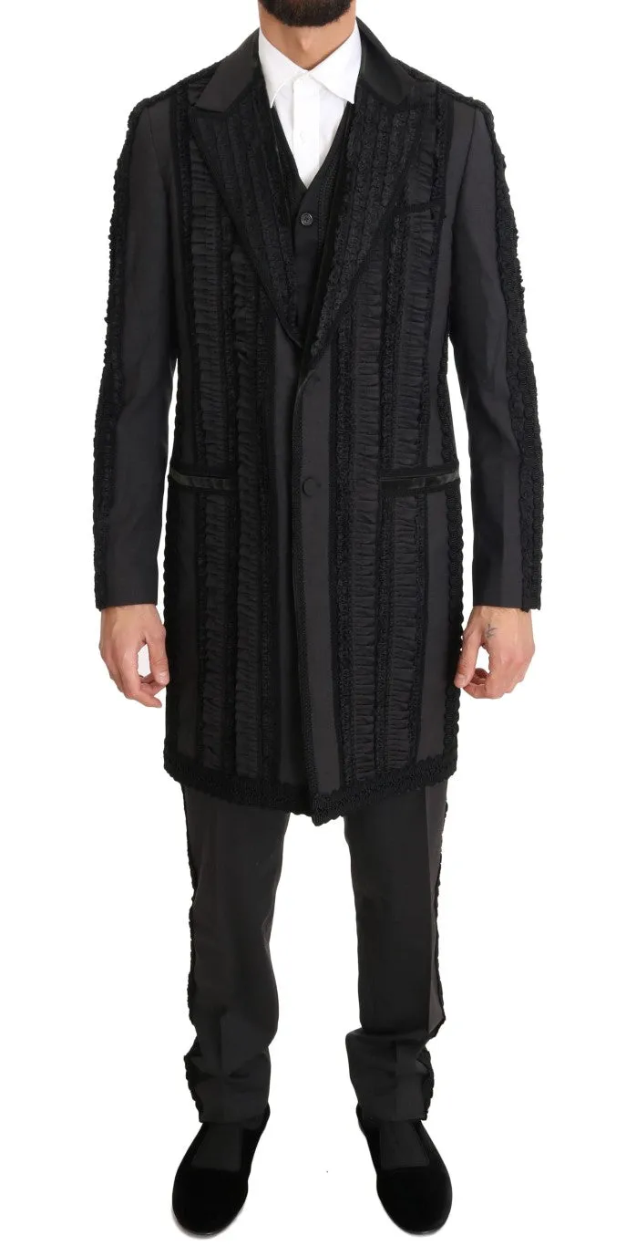 Black Wool Silk Torero Long 3 Piece Suit