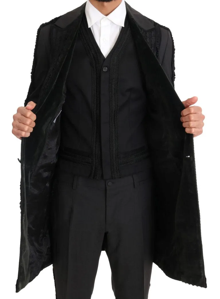 Black Wool Silk Torero Long 3 Piece Suit