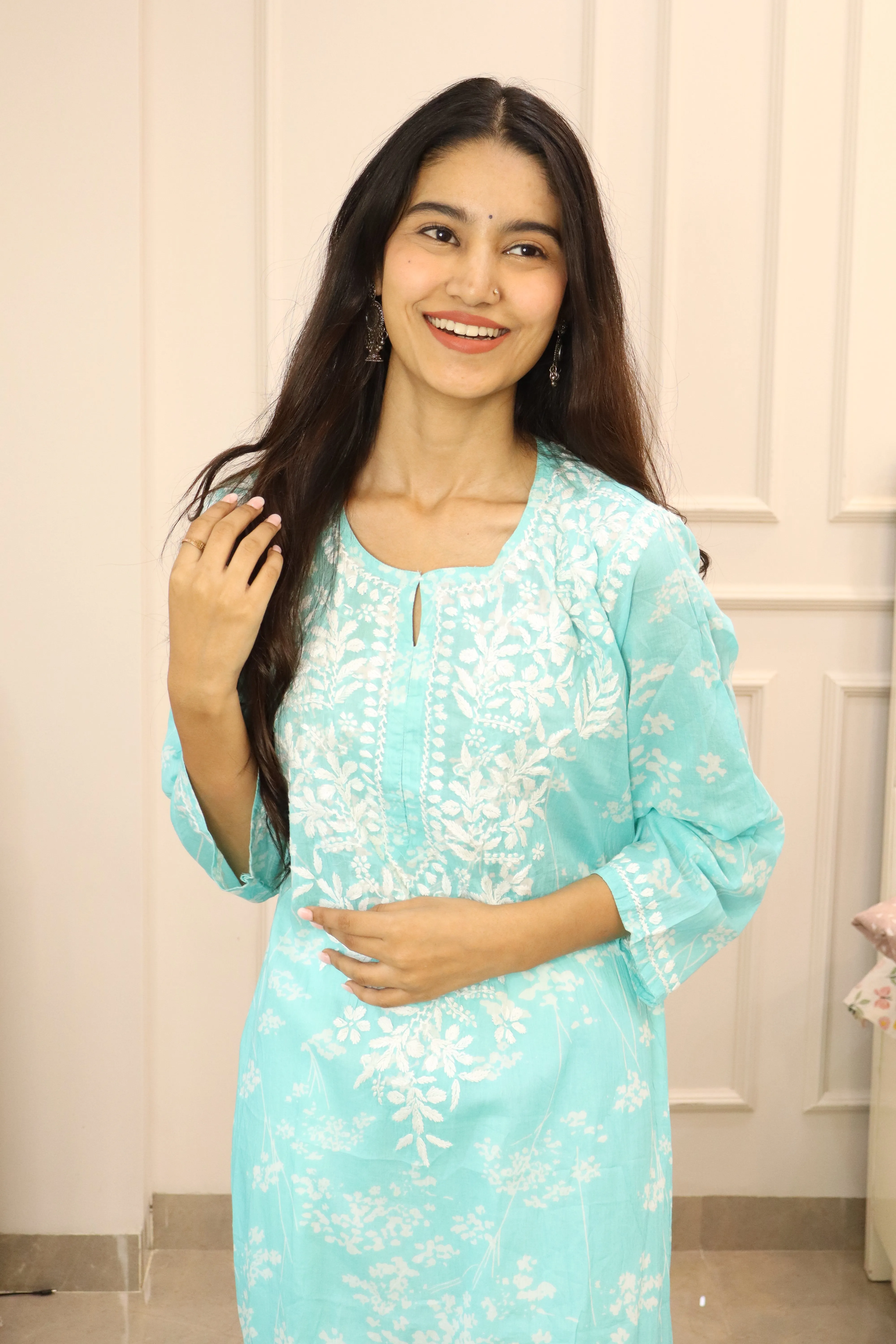 Blue floral mul cotton chikankari kurti (only kurti)