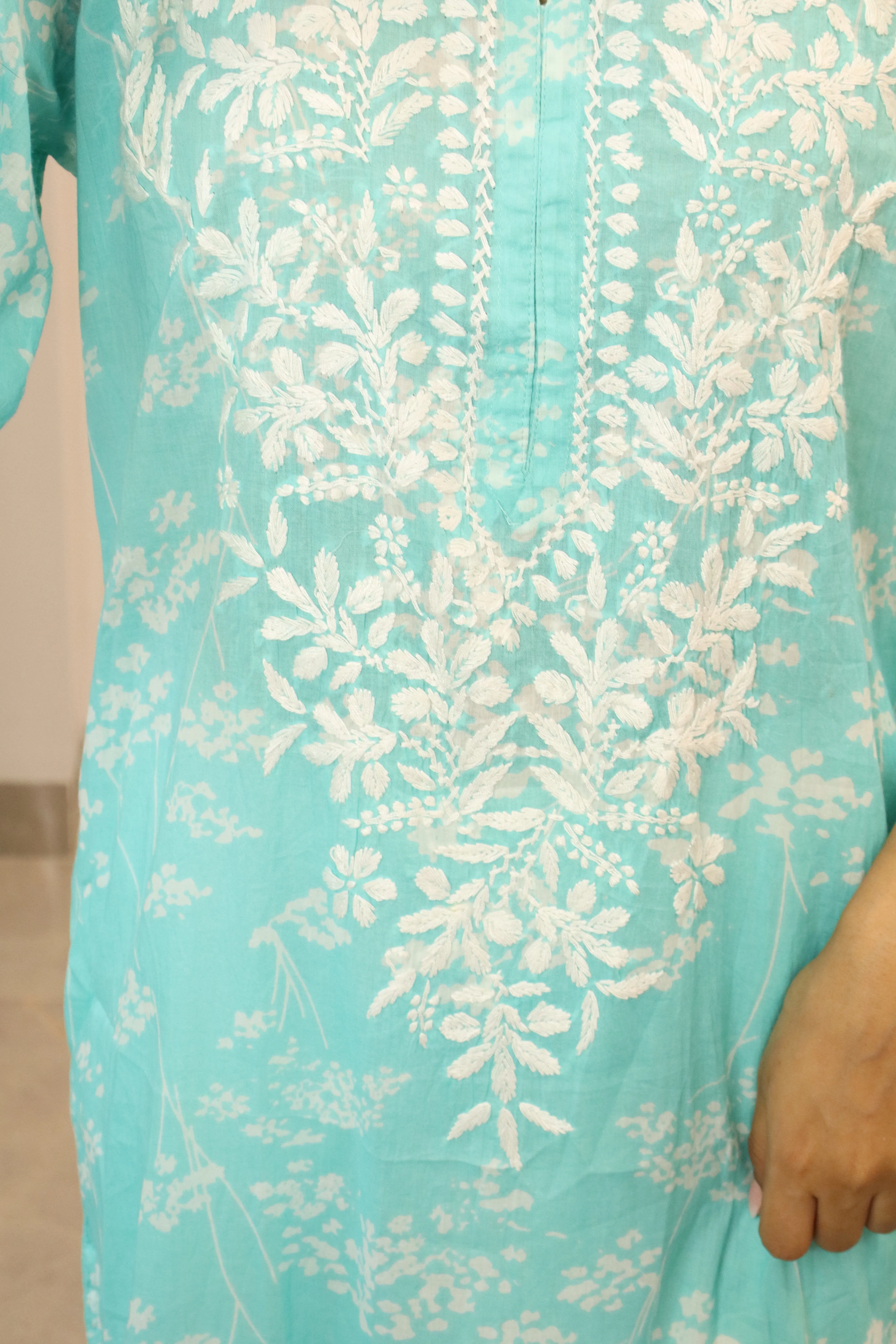 Blue floral mul cotton chikankari kurti (only kurti)