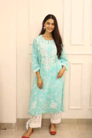 Blue floral mul cotton chikankari kurti (only kurti)