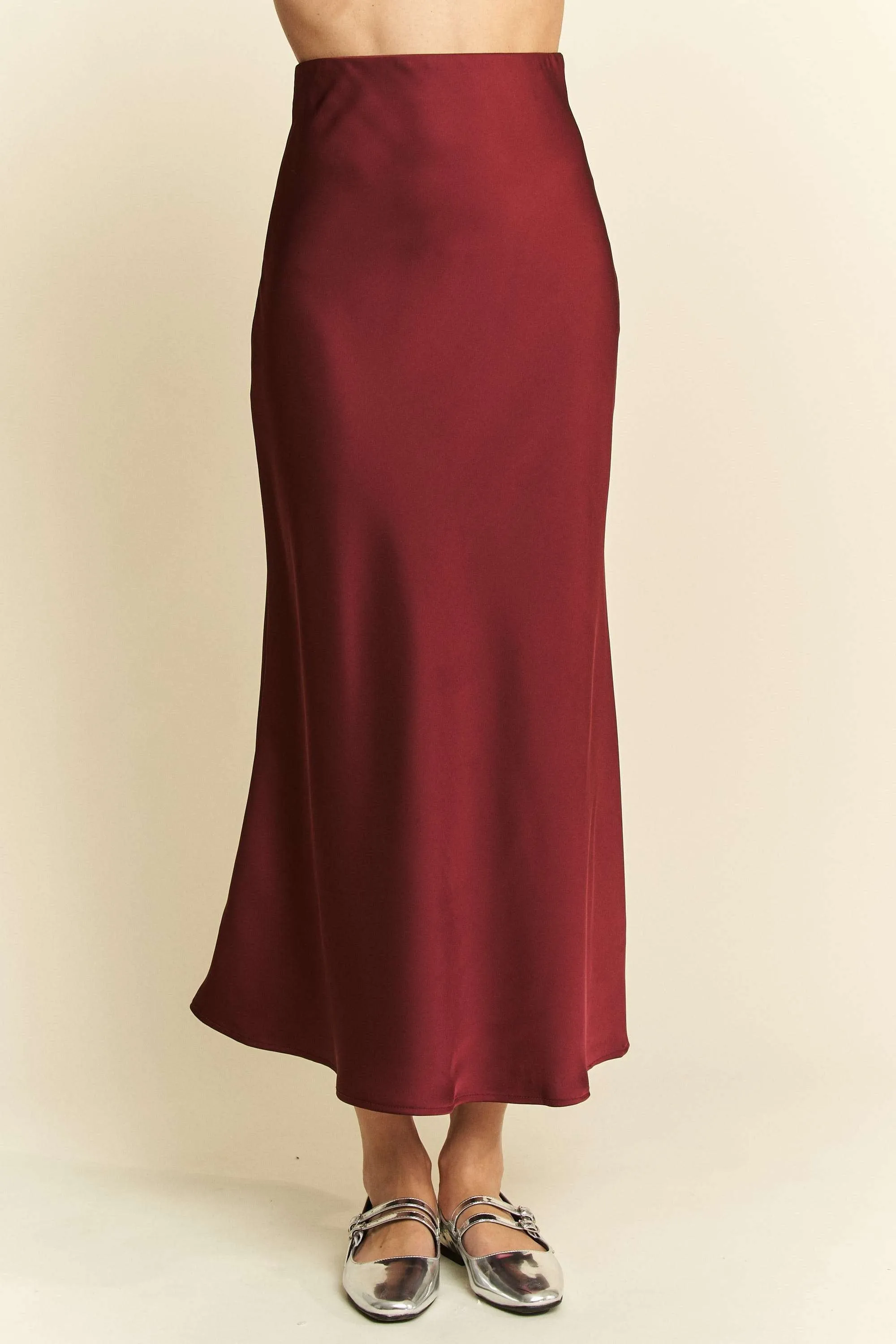 Burgundy Satin Midi Skirt