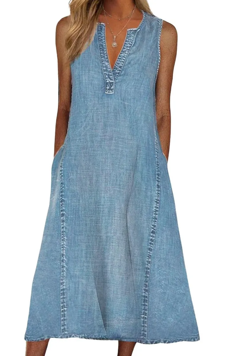 Chouyatou Women Casual Sleeveless Denim Midi Dress A Line Dress Mid Long Tank Dress Jean Shift Dress Jumper Summer