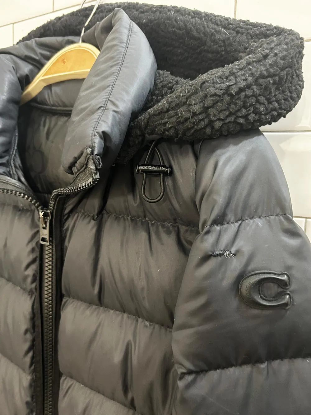 coach monagram lined long puffer coat