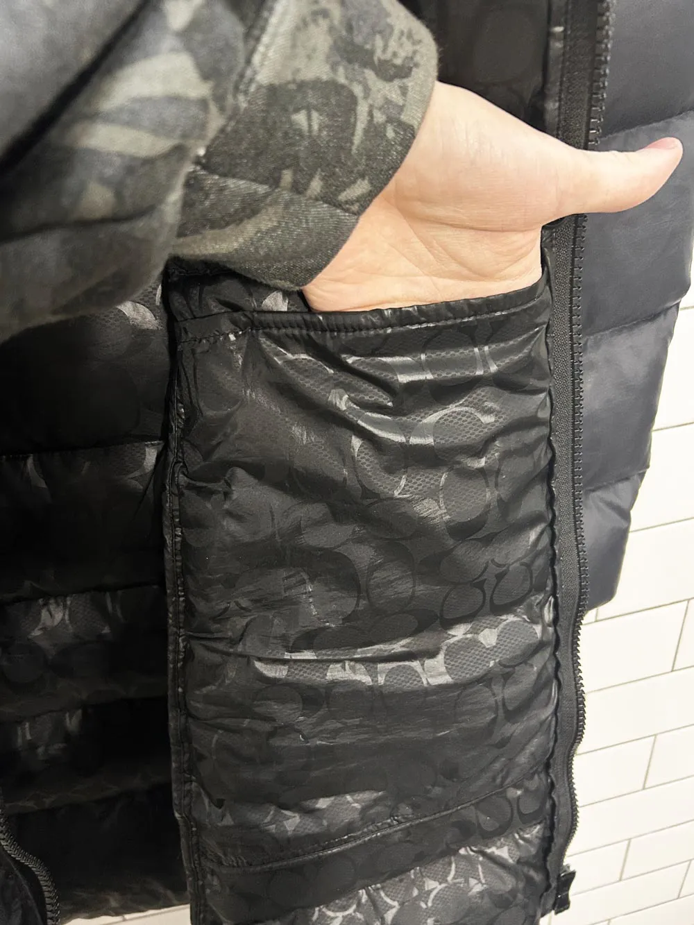 coach monagram lined long puffer coat