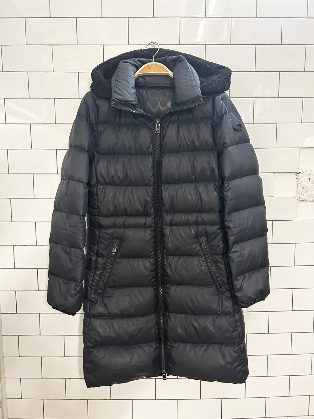 coach monagram lined long puffer coat