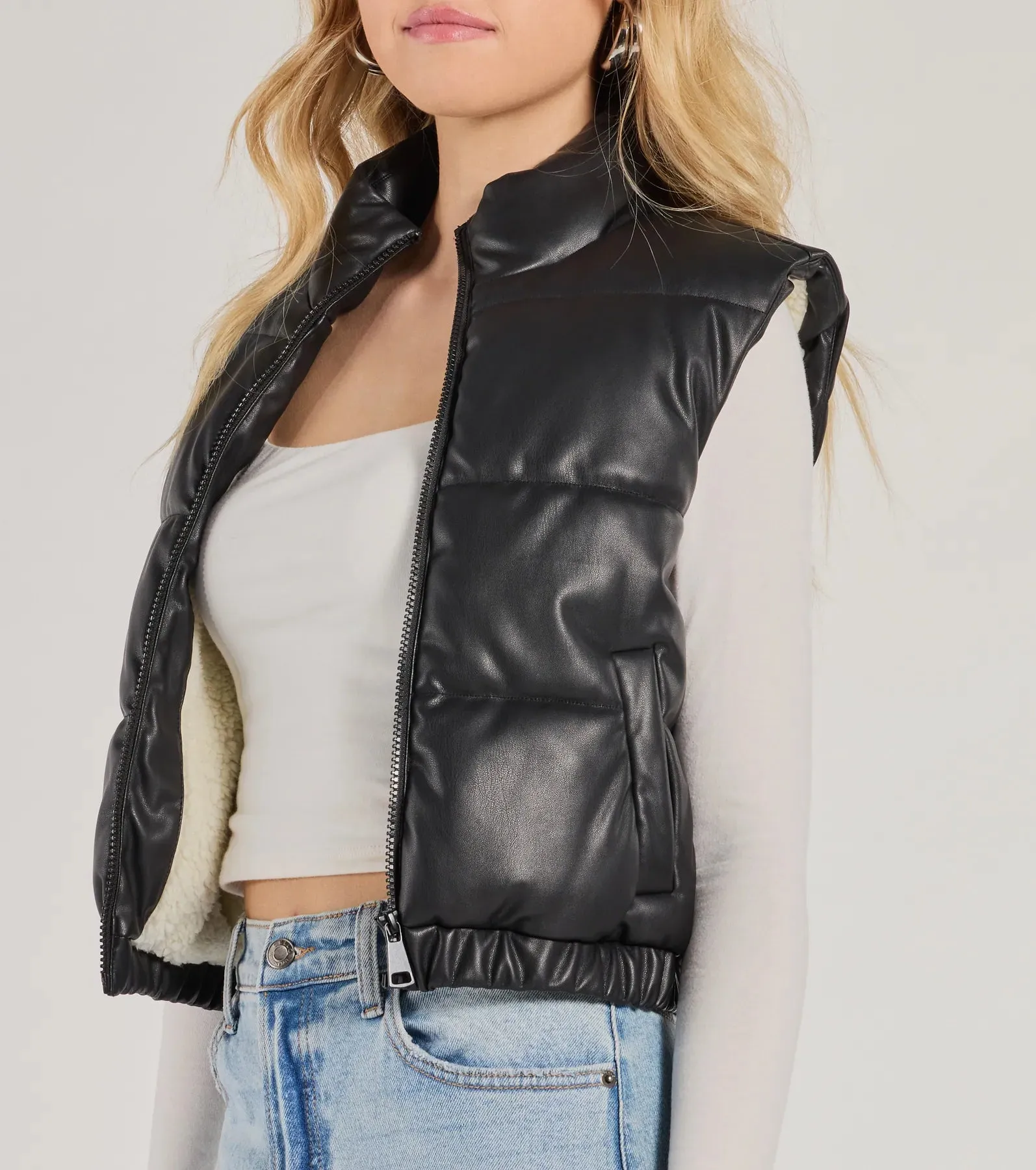 Cuddle Glam Faux Leather Sherpa Lined Puffer Vest